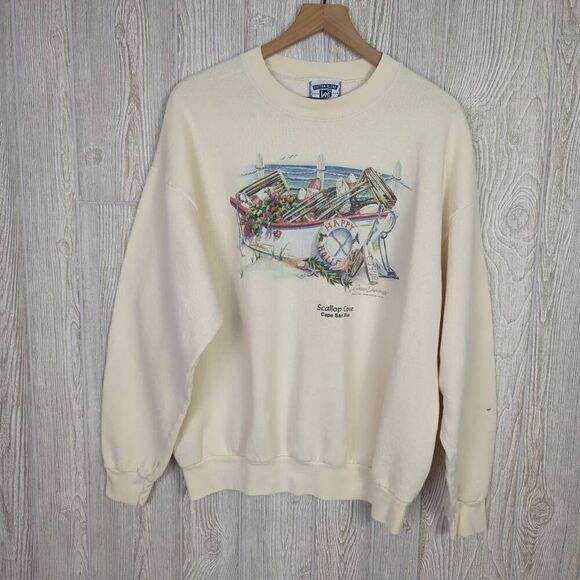 Vintage 90s Lee Men’s XL Scallop Cove Cream Pullover Crewneck Sweater - Picture 2 of 9